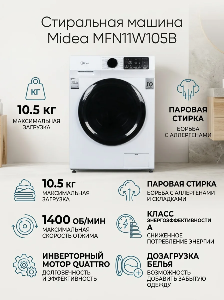 Стиральная машина Midea MFN11W105B/W-KZ
