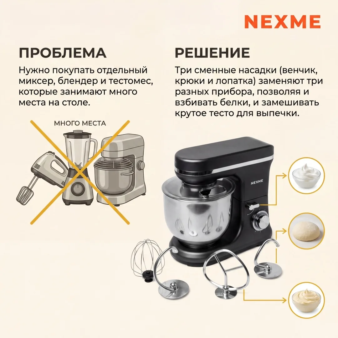 Планетарный миксер Nexme CK269 Черный, Уценка — фото нового товара 4