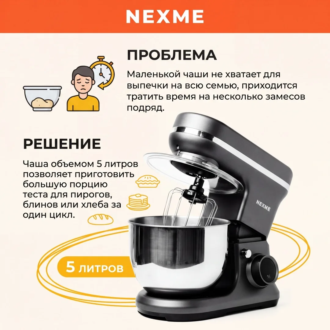 Планетарный миксер Nexme CK269 Черный, Уценка — фото нового товара 3