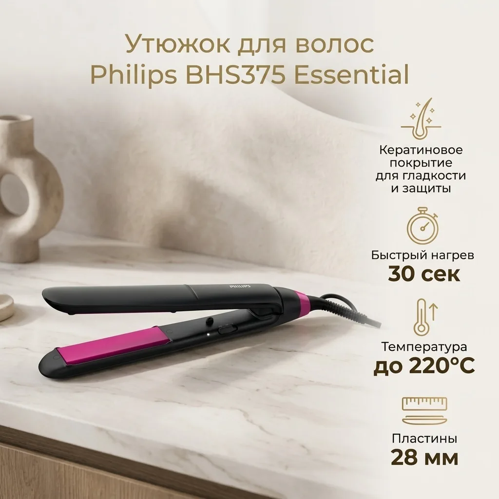 Утюжок Philips BHS375 Черный/Розовый