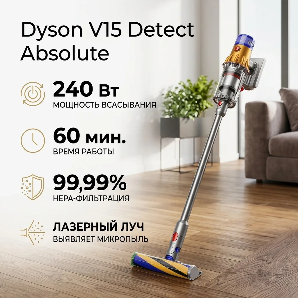Пылесос вертикальный Dyson V15 SV47 Detect Absolute серебристый (446986-01)